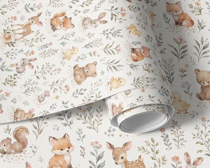 Woodland nursery wallpaper pattern with watercolour fawns, fox cubs, rabbits, teddy bears, birds and ducklings on cream