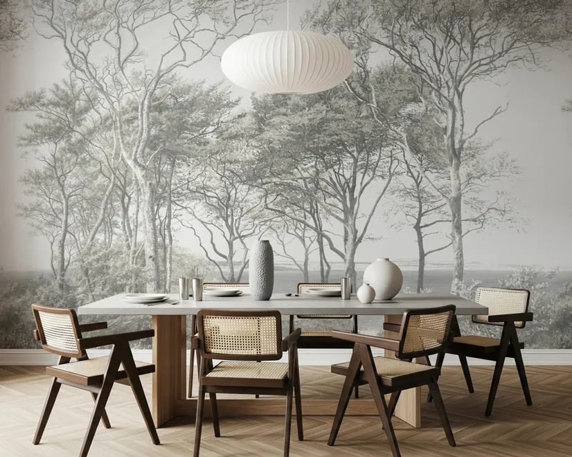 Coastal woodland wallpaper mural with grey trees, sandy path, sea horizon and small white sailboats