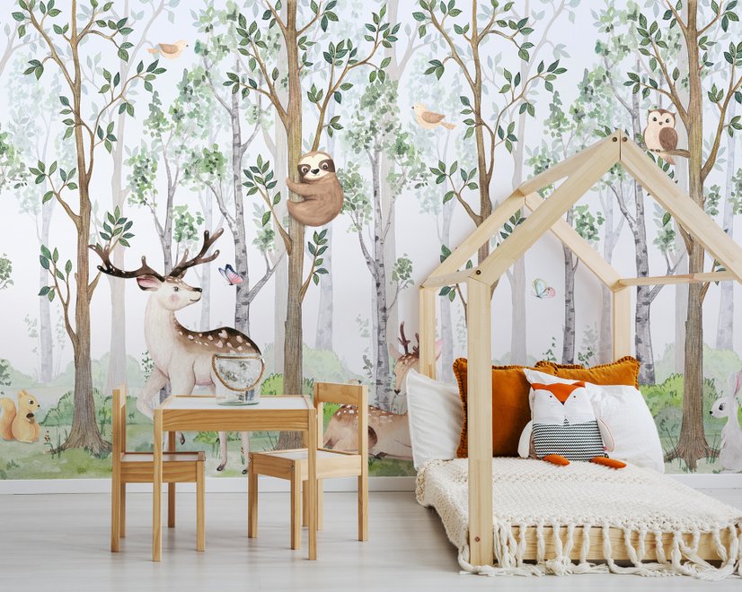 Kinderzimmer Niedliche Tiere im Wald Aquarell Fototapeten