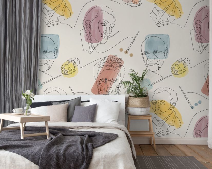 Artist Face Line Art with Colorful Abstract Brush Wallpaper Mural
