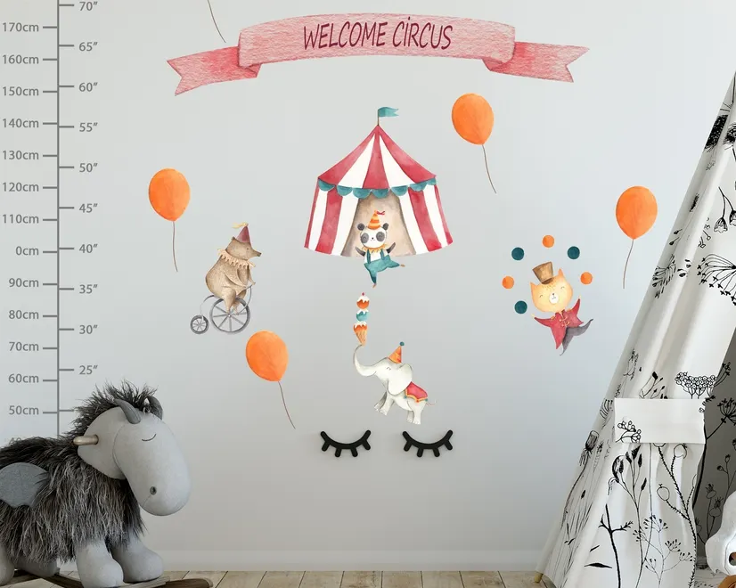 Kids Watercolor Circus with Cute Bear Fox Elephant Panda Wall Decal Sticker