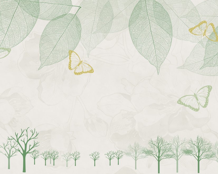 Papier peint nervures de feuilles avec petit motif de forêt