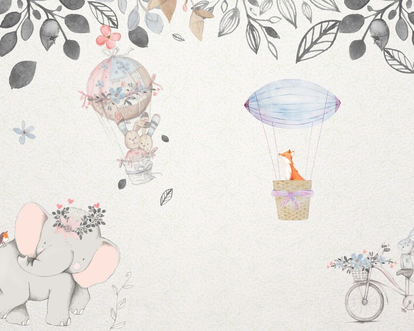 Baby Elephant with Hot air Balloons Wallpaper Mural
