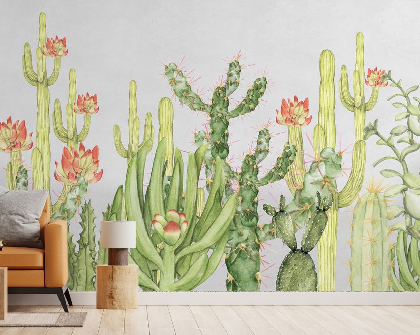 Aquarell Wüstenblumen und Kaktus Fototapete