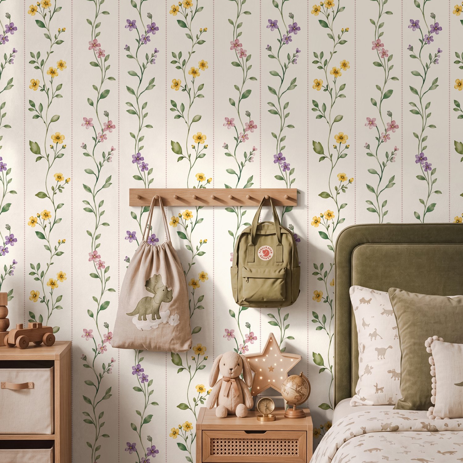 Cute Floral Wallpaper with Watercolor Vine Stripes - Peel and Stick