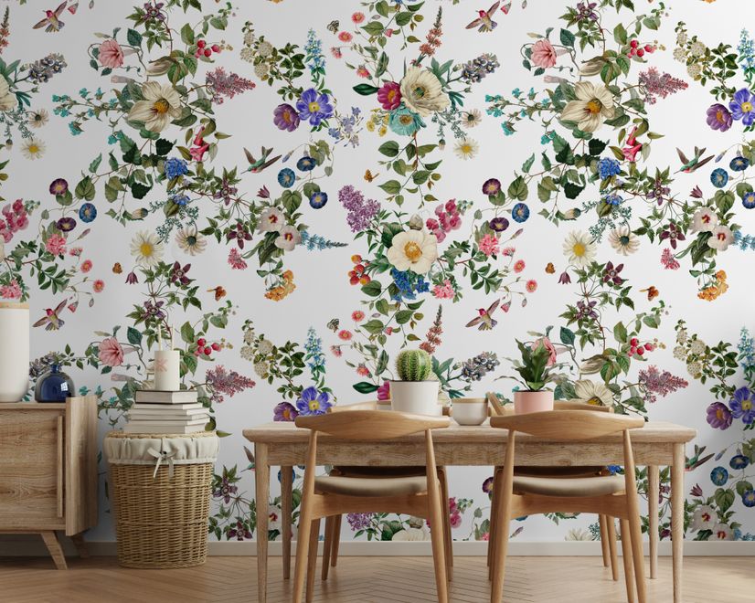 Botanical Flowers Floral with Birds Wallpaper Mural