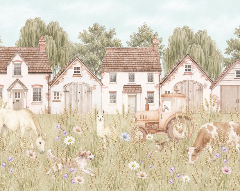 Watercolour farmhouse animal wall mural with cottages, horse, cow, tractor and wheat meadow