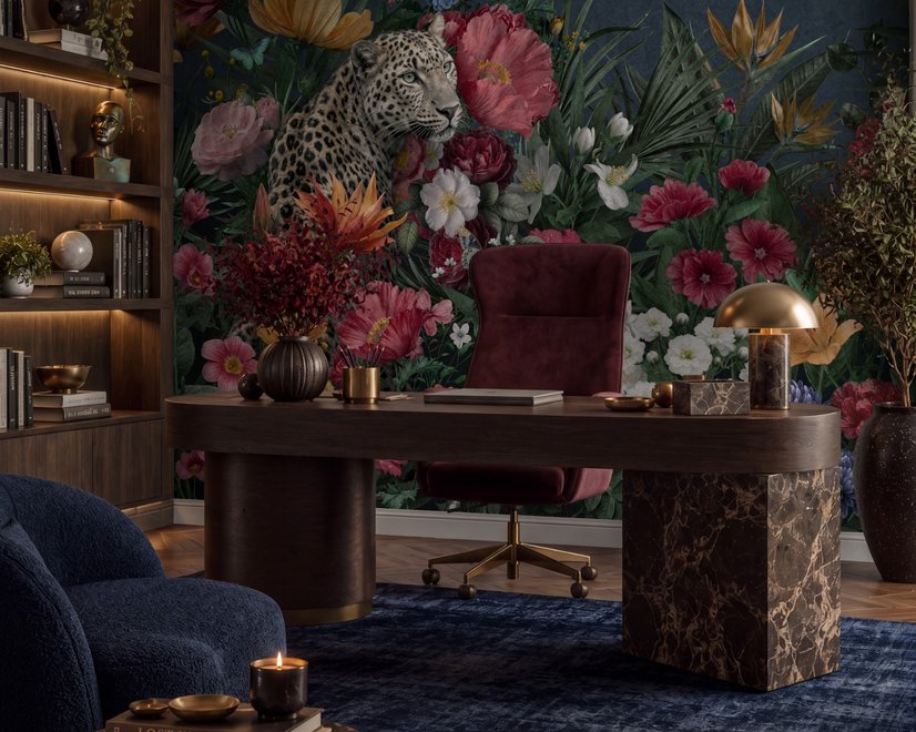 Elegant Tropical Botanical Floral and Leopard Wallpaper 