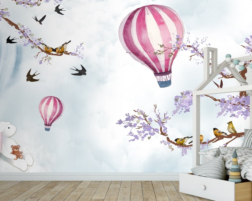 Kids Hot Air Balloon with Purple Blossom Wallpaper Mural