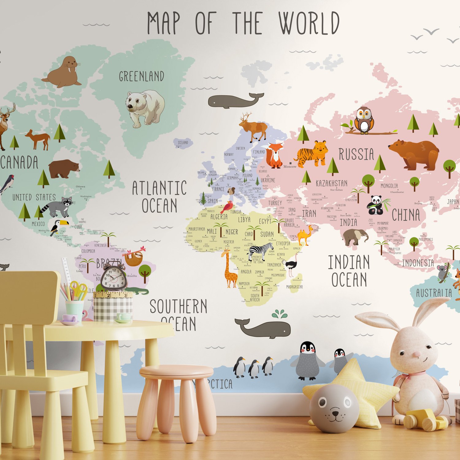 Kids Nursery Educational Continent World Map Wallpaper Mural - Peel and Stick