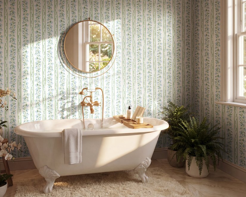 Blue floral stripe wallpaper with pale sky-blue bell flowers, green vines and sage bands on white