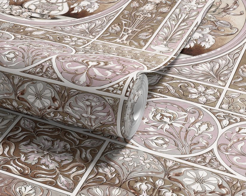 Antique wallpaper mural with Art Nouveau floral tile panels, sepia borders and blush botanical medallions