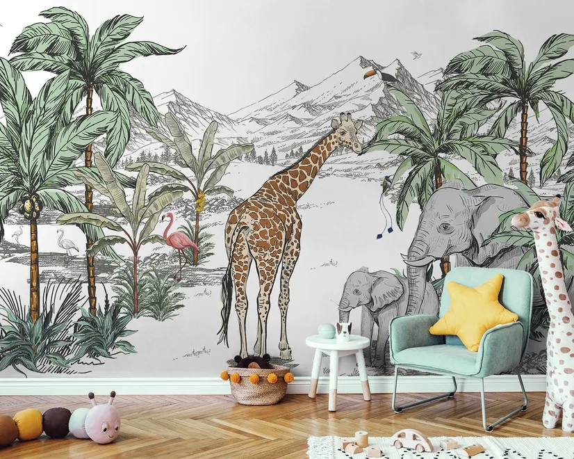 Kids Tropical Animals with Mountain Wallpaper Mural