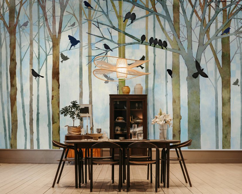 Vintage Abstrakter Wald und Schwarzer Vogel Fototapete