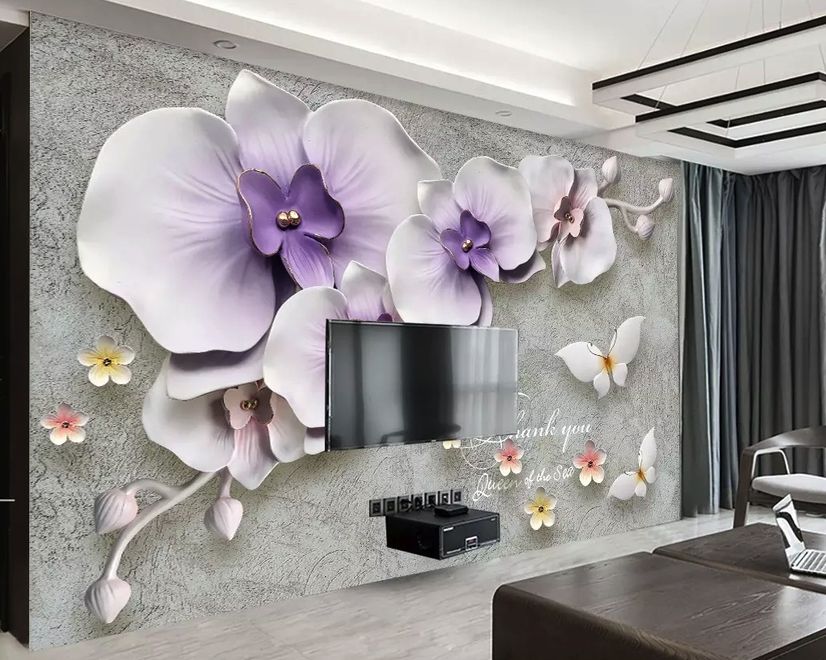 3D Embossed Look Purple Orchids Wallpaper Mural