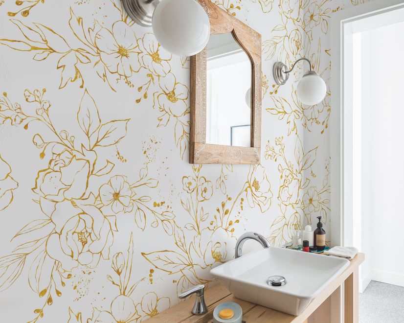 Gold Look Peony Floral Drawing Bright Flower Art Wallpaper Mural