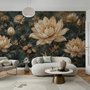 Ivory lotus flowers and seed pods on charcoal teal lily pads in a botanical lotus wallpaper mural