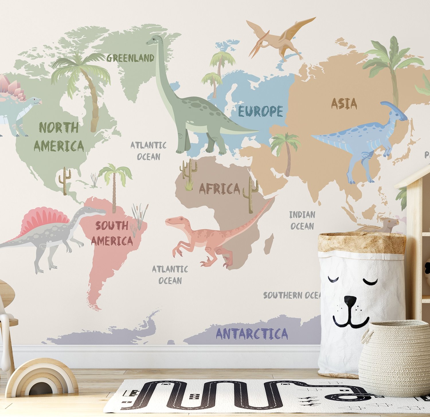 Kids Dinosaurs World Map Wallpaper Mural - Peel and Stick