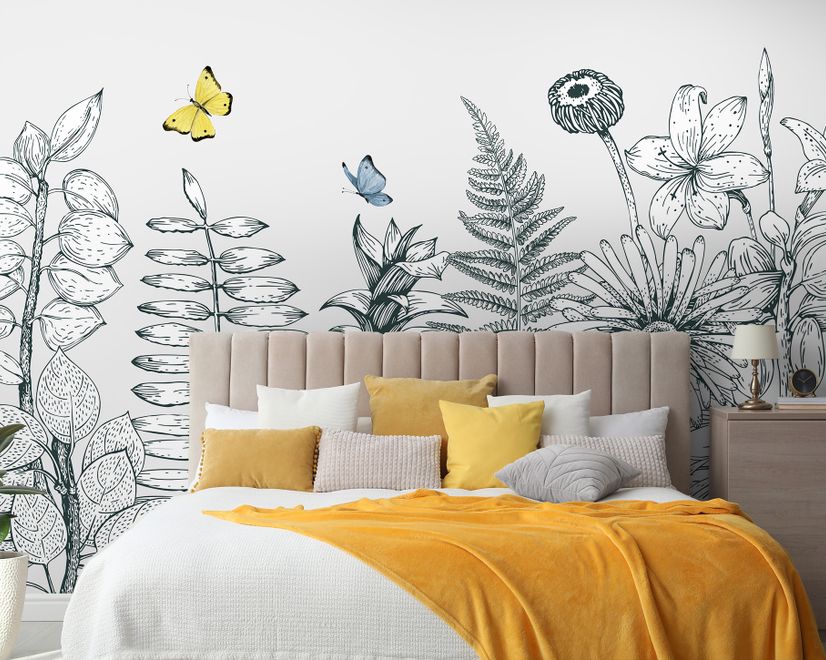Charcoal Leaf and Flower Wallpaper Mural