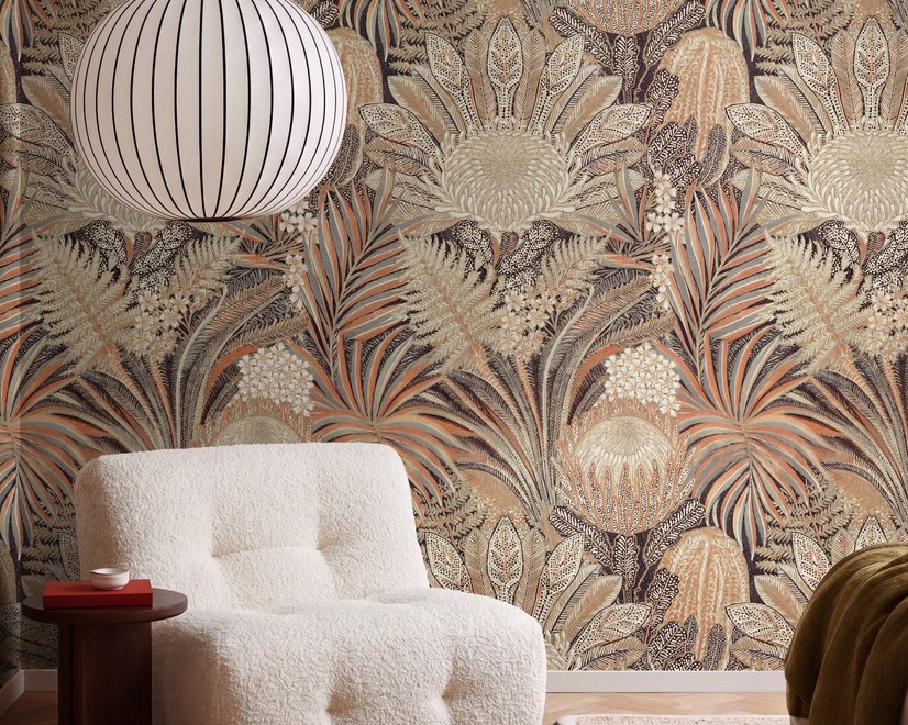 Vintage Terracotta Tropical Flowers and Leaves Wallpaper Mural