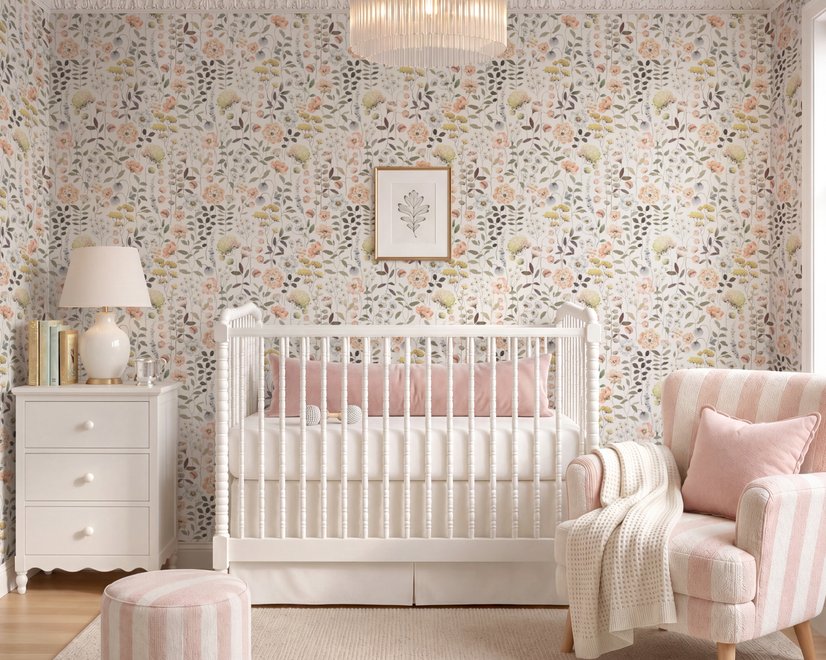 Watercolour wildflower wallpaper with pastel flowers and sage leaves on a white ground