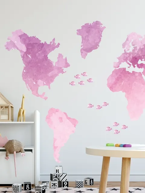 Kids Pink World Maps with Little Fishes Wall Decal Sticker