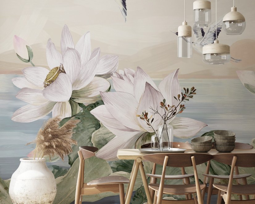 Papier peint lotus blanc oiseaux grue