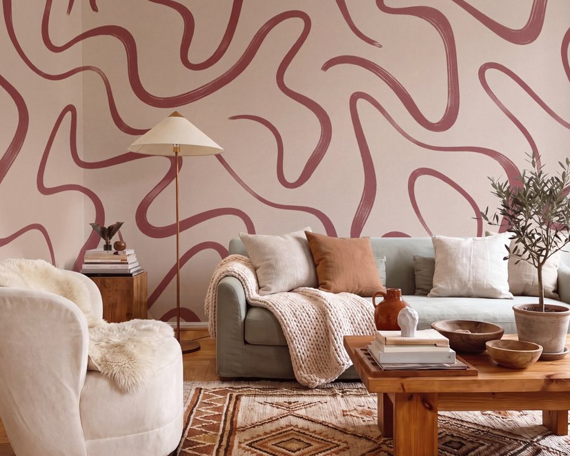 Burgundy-red looping contour lines on blush cream pink wallpaper mural