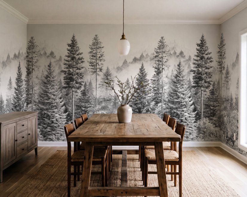 Monochrome forest with fog wallpaper mural showing tall pine trees, firs and silver-grey mist