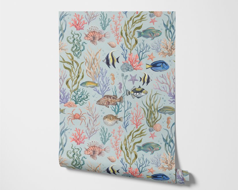 Modern coastal wallpaper with watercolour tropical fish, coral, seaweed, shells and bubbles on light aqua-blue