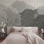 Light gray wallpaper mural with layered ink-wash woodland trees, falling leaves and birds