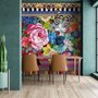 Papier peint panoramique fleurs de style bohème avec pivoines, œillets et violettes