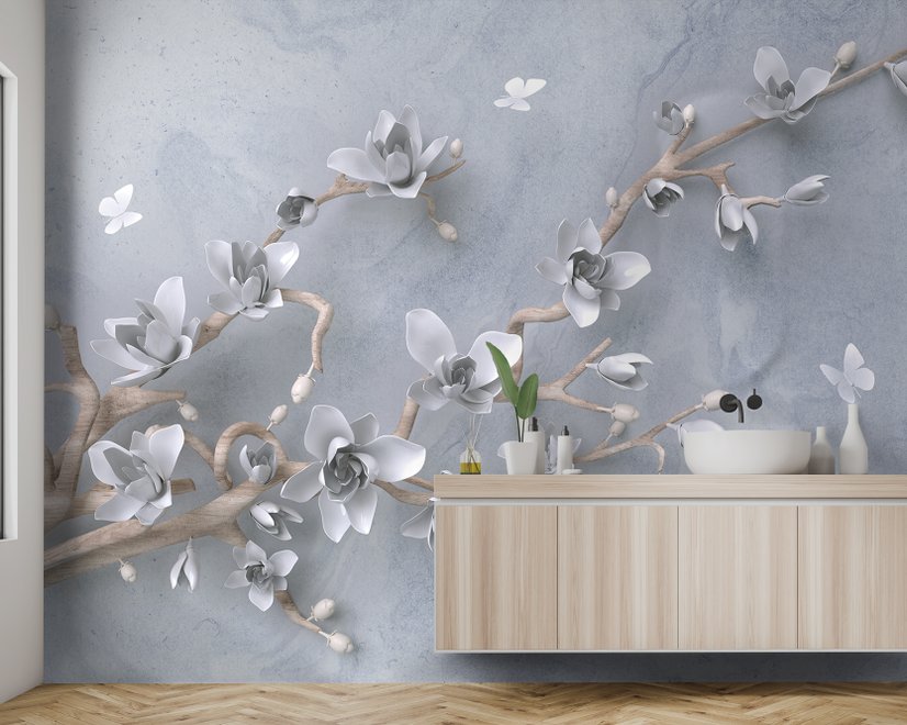 Papier peint artistique fleurs et branches de magnolia