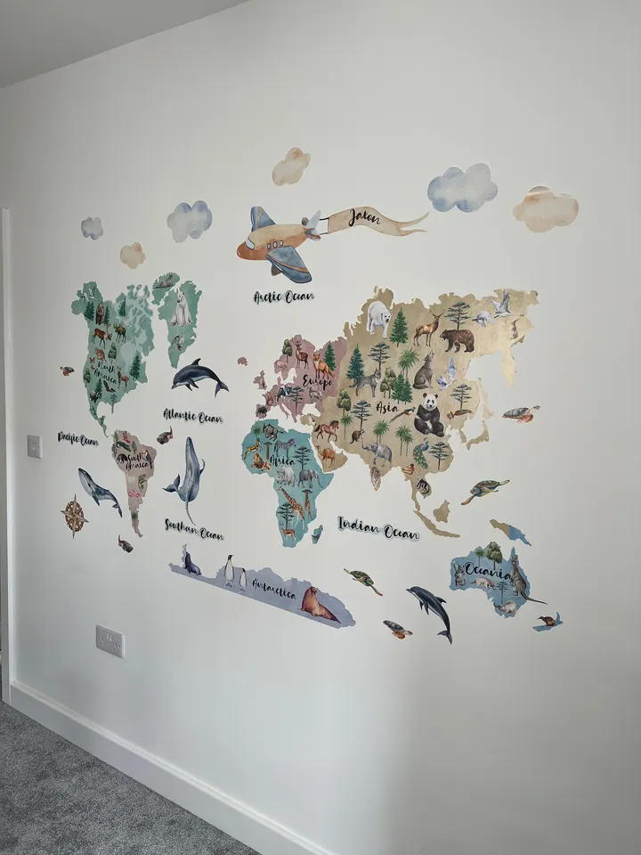 Kids Watercolor World Map Wall Decal Sticker