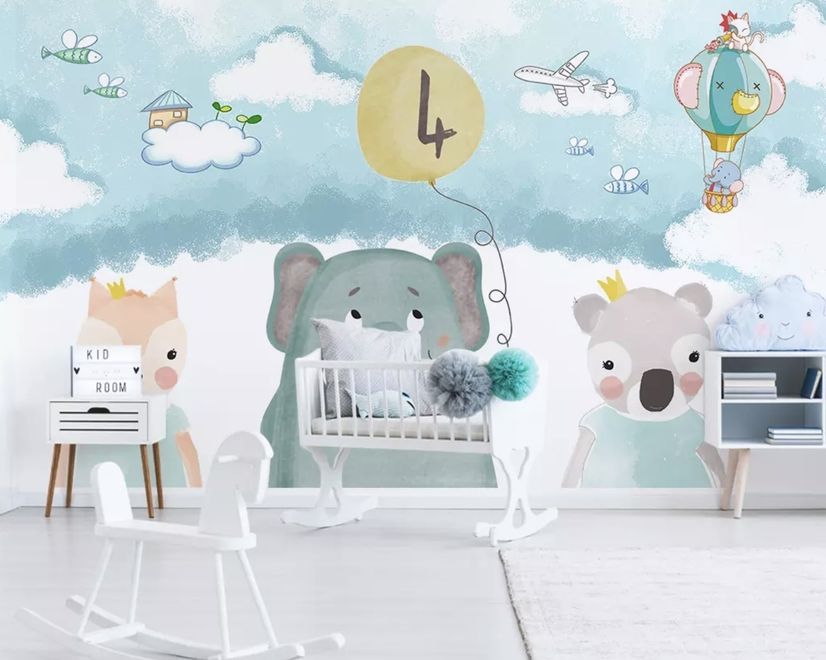 Cute Cartoon Animals with a Balloon Wallpaper Mural
