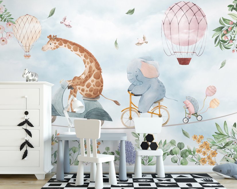 Kids Cycling Riding Cute Animals Wallpaper Mural