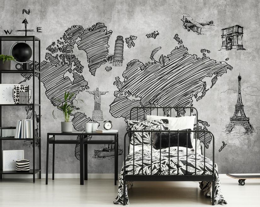 Monochrome World Map Wallpaper Mural