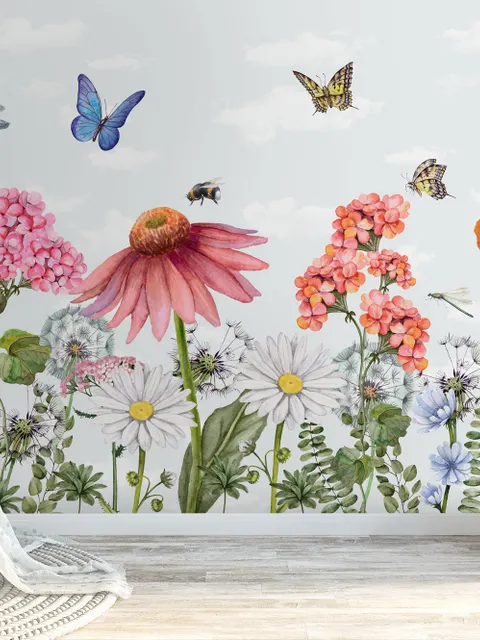 Papier peint panoramique floral avec papillons pour enfants