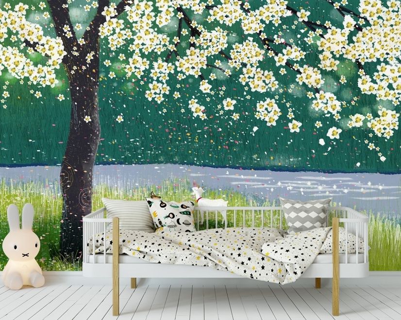 Watercolor Forest with Peach Blossom Wallpaper Mural