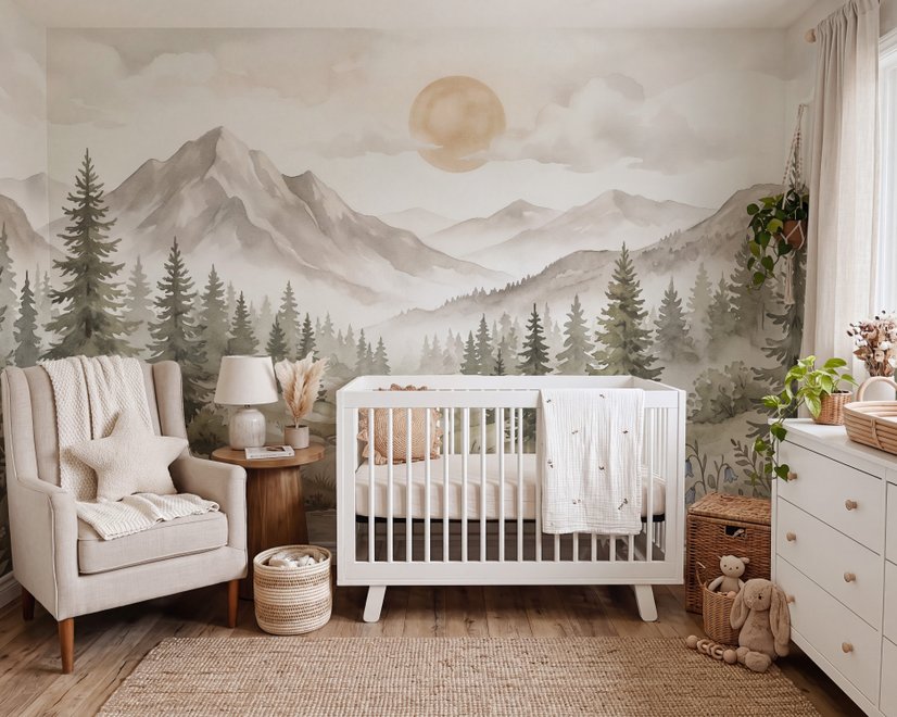 Nursery Neutral Pine Forest Mountain Scenery Wallpaper Mural