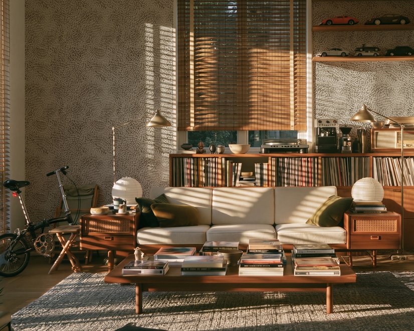 Abstract taupe and greige wallpaper with creamy white oval brush marks in flowing currents