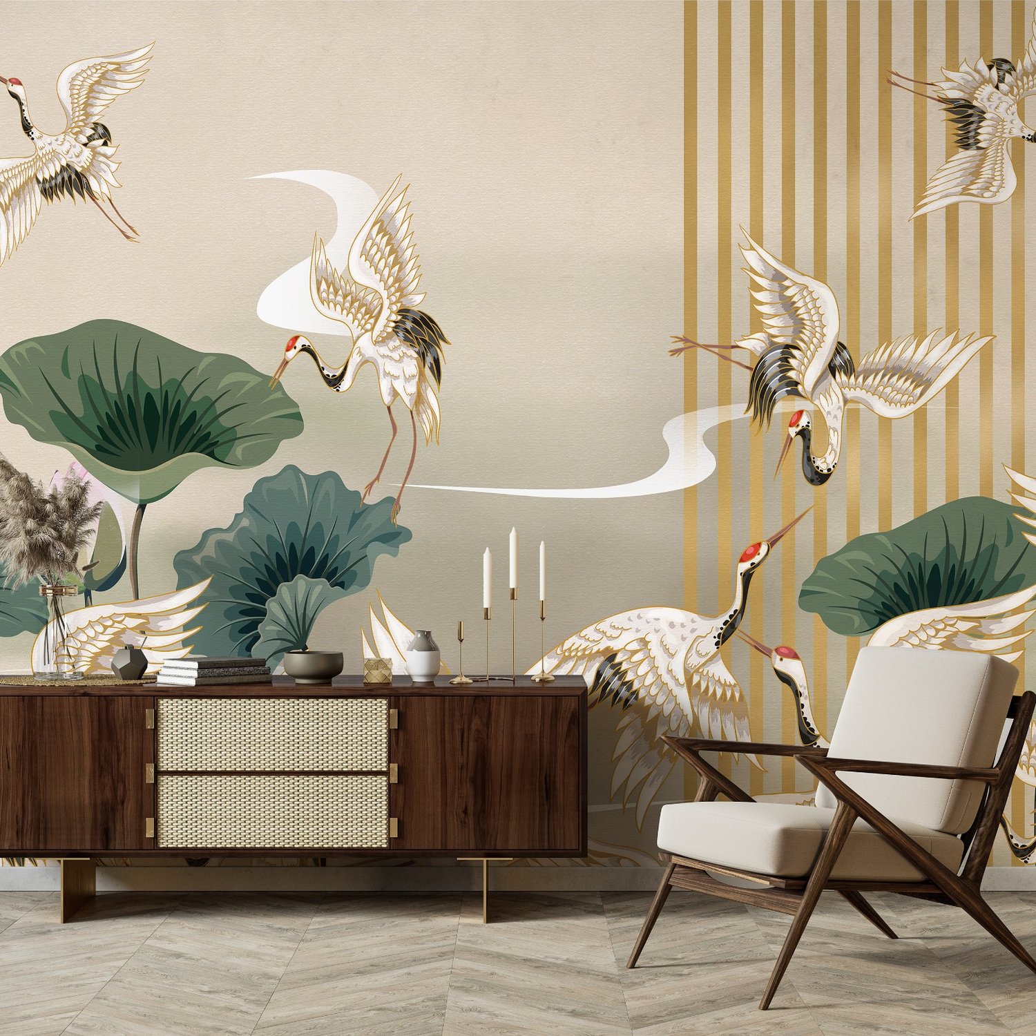 Chinese Crane Birds with Lotus Florals Wallpaper Mural - Peel and Stick