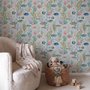 Modern coastal wallpaper with watercolour tropical fish, coral, seaweed, shells and bubbles on light aqua-blue