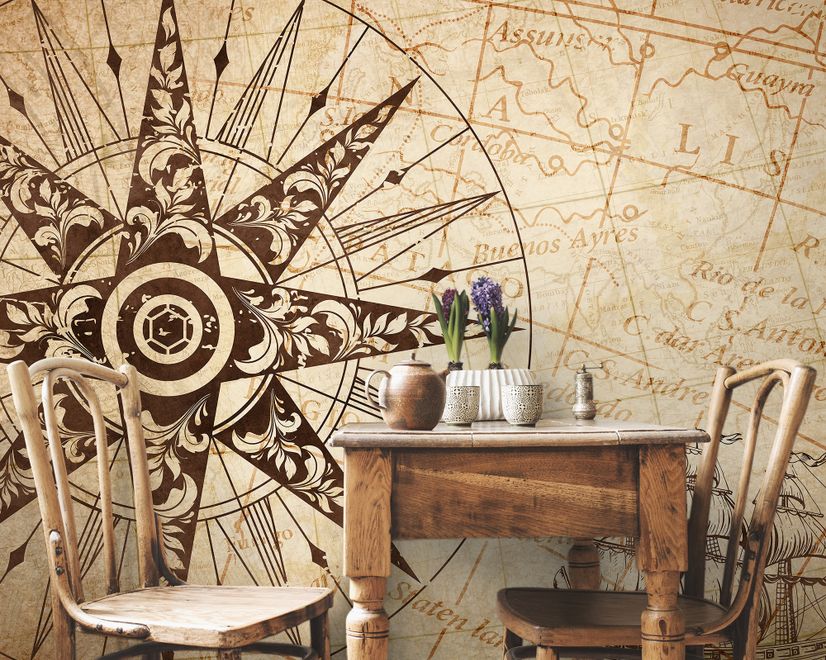 Vintage Map with Compass Wallpaper Mural