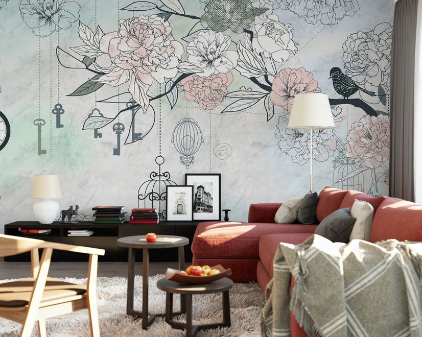 Hanging Keys on Floral Tree Wallpaper Mural