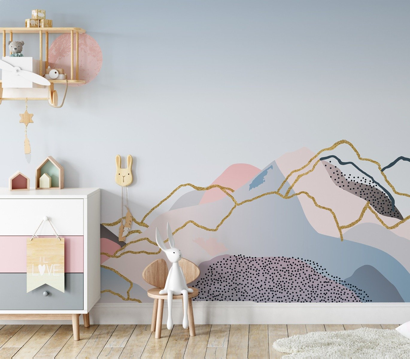 Colorful Mountain with Pink Sun Wallpaper Mural - Peel and Stick