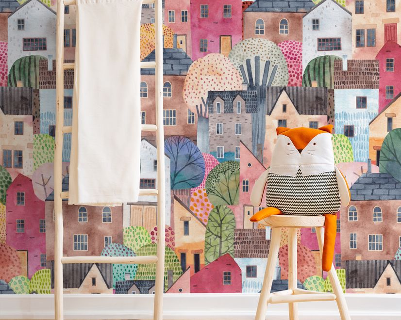 Kids Watercolor Cute Town House Wallpaper Mural