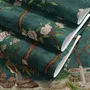 Floral wallpaper with birds in a teal chinoiserie garden with blossoms, pheasant, palms and stone railings
