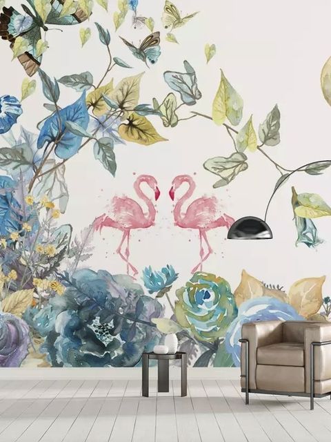 Papier peint panoramique flamants roses et fleurs douces