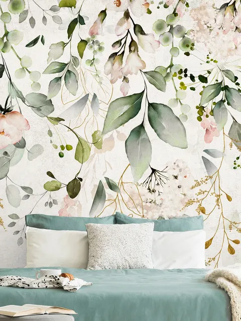 Watercolor Soft Floral with Green Leaves Wall Mural